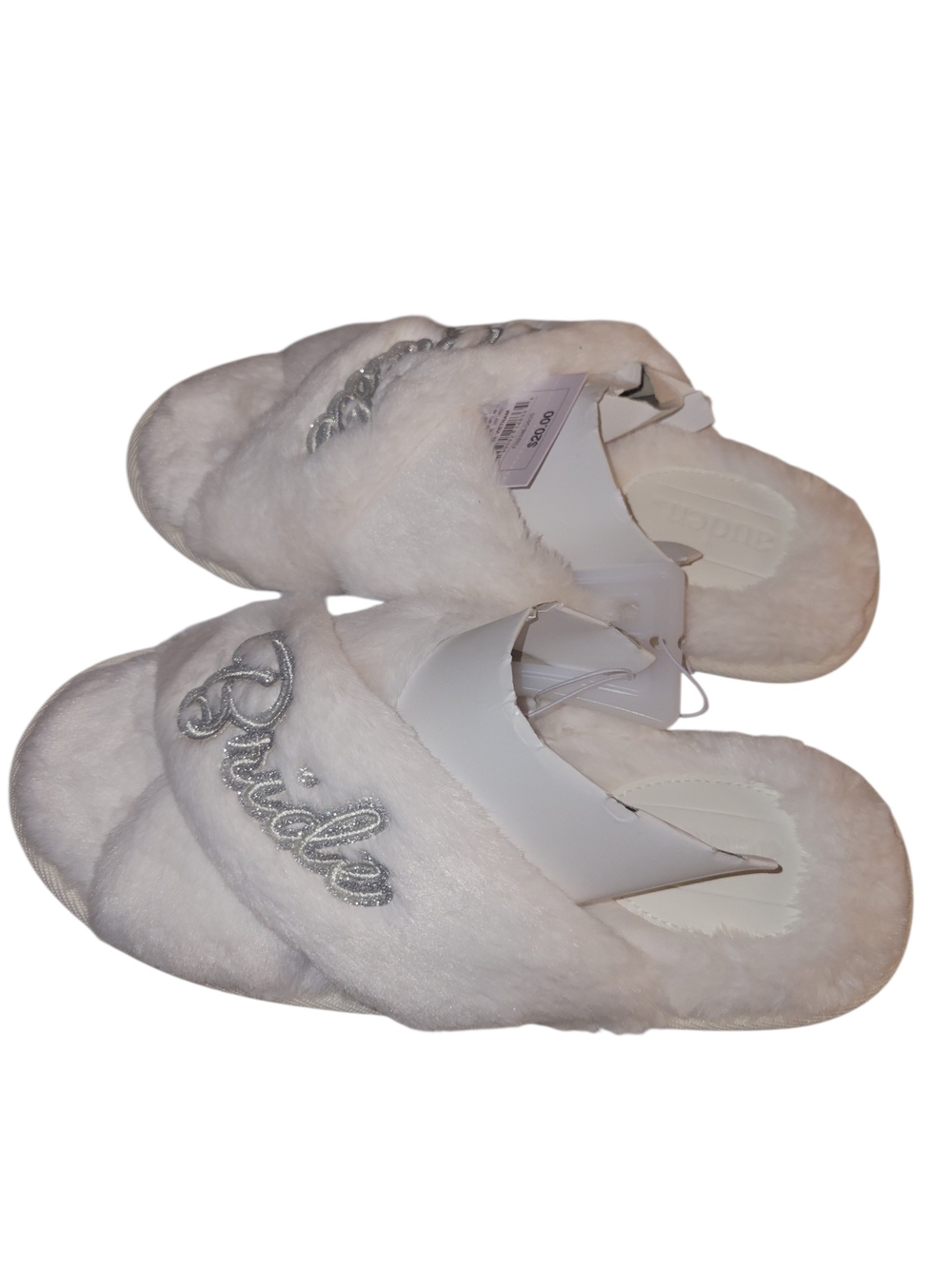 Auden White Plush 'Bride' Slide Slippers with Silver Embroidery